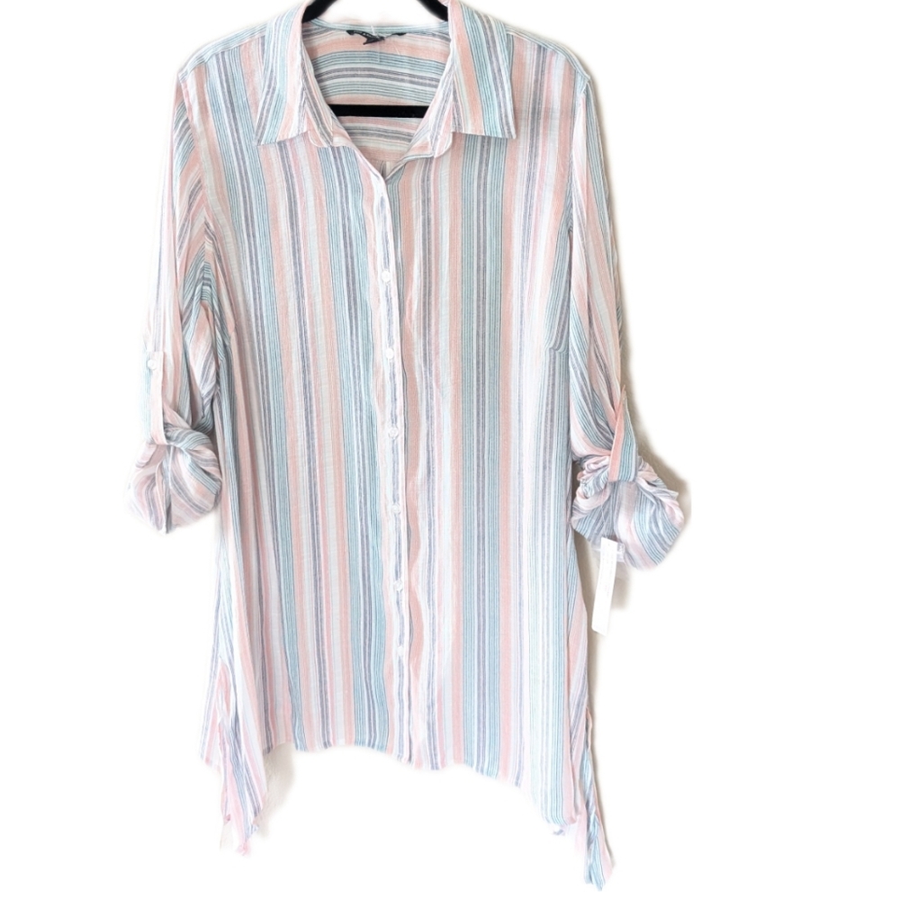 Zac & Rachel Tunic Top 2X Button Down Striped Roll Tab Sleeve Peach Blue New